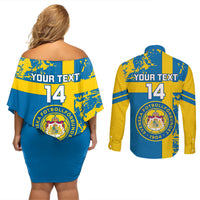 Custom Sweden Football Couples Matching Off Shoulder Short Dress and Long Sleeve Button Shirts Come On Sverige 2023 World Cup - Wonder Print Shop
