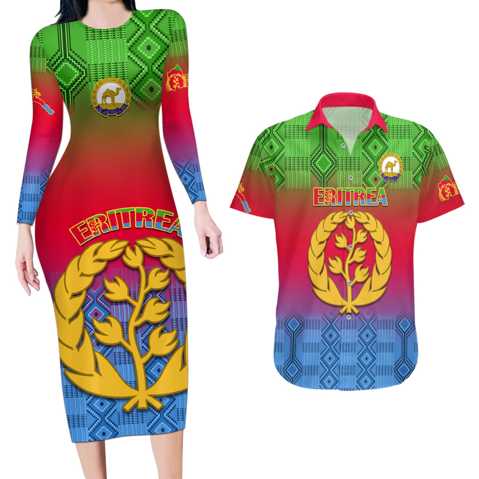 Eritrea Revolution Day Couples Matching Long Sleeve Bodycon Dress and Hawaiian Shirt Eritrean Kente Pattern Gradient Style - Wonder Print Shop