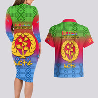 Eritrea Revolution Day Couples Matching Long Sleeve Bodycon Dress and Hawaiian Shirt Eritrean Kente Pattern Gradient Style - Wonder Print Shop