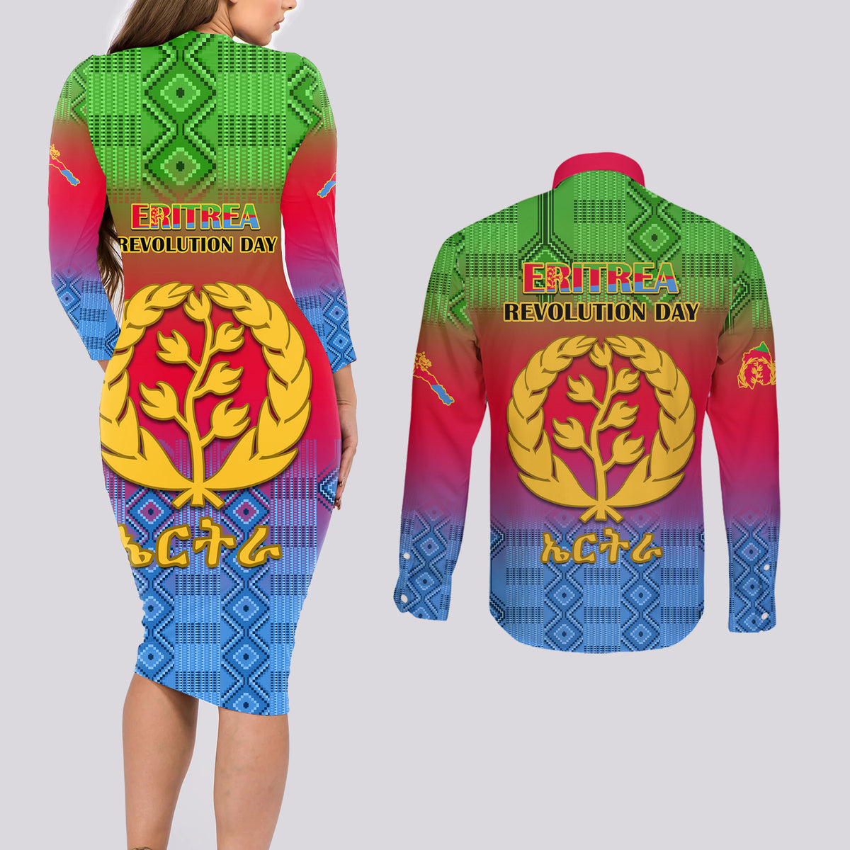 Eritrea Revolution Day Couples Matching Long Sleeve Bodycon Dress and Long Sleeve Button Shirts Eritrean Kente Pattern Gradient Style - Wonder Print Shop