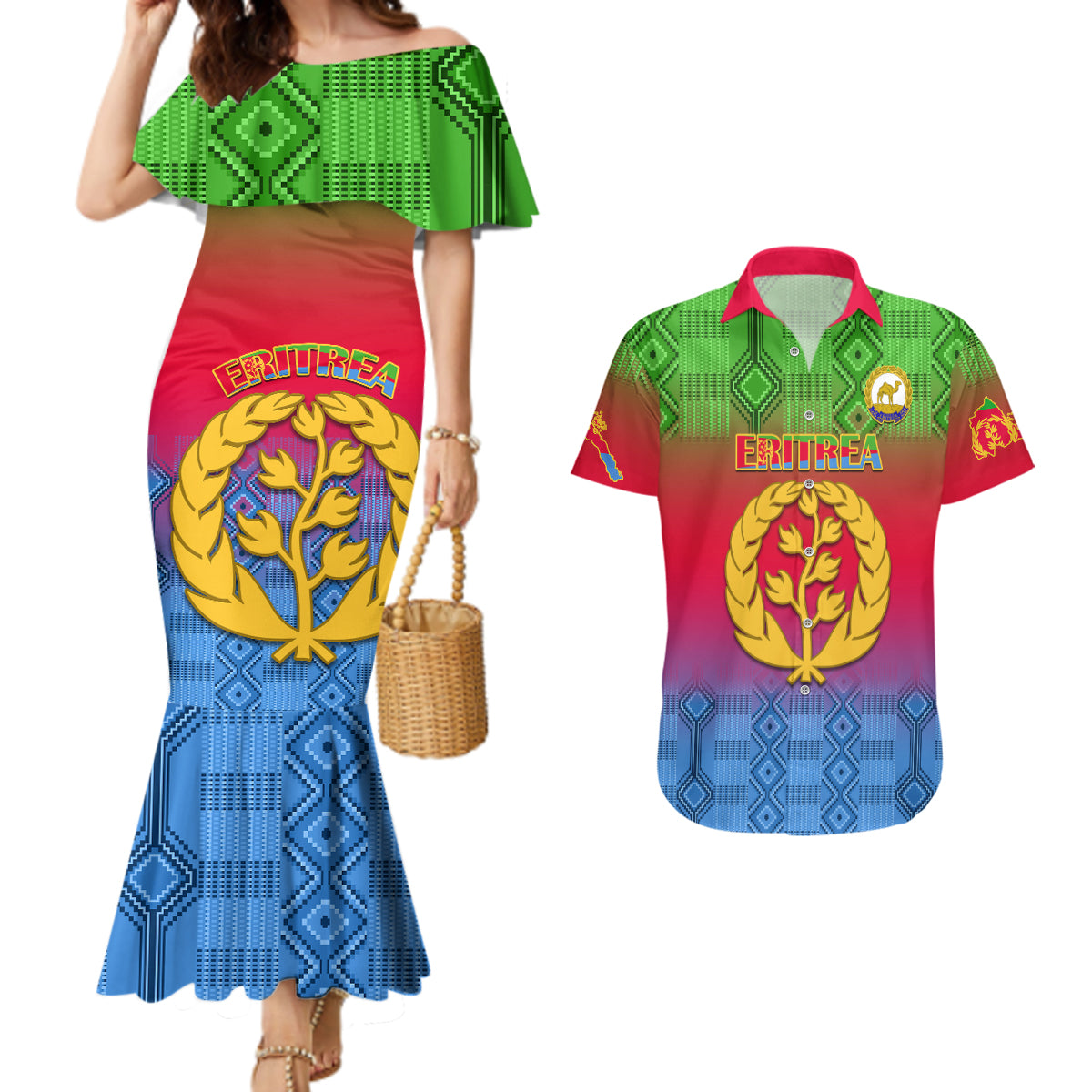eritrea-revolution-day-couples-matching-mermaid-dress-and-hawaiian-shirt-eritean-kente-pattern-gradient-style
