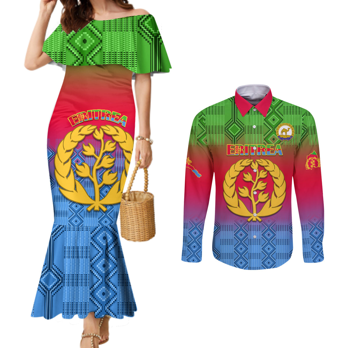 eritrea-revolution-day-couples-matching-mermaid-dress-and-long-sleeve-button-shirts-eritean-kente-pattern-gradient-style
