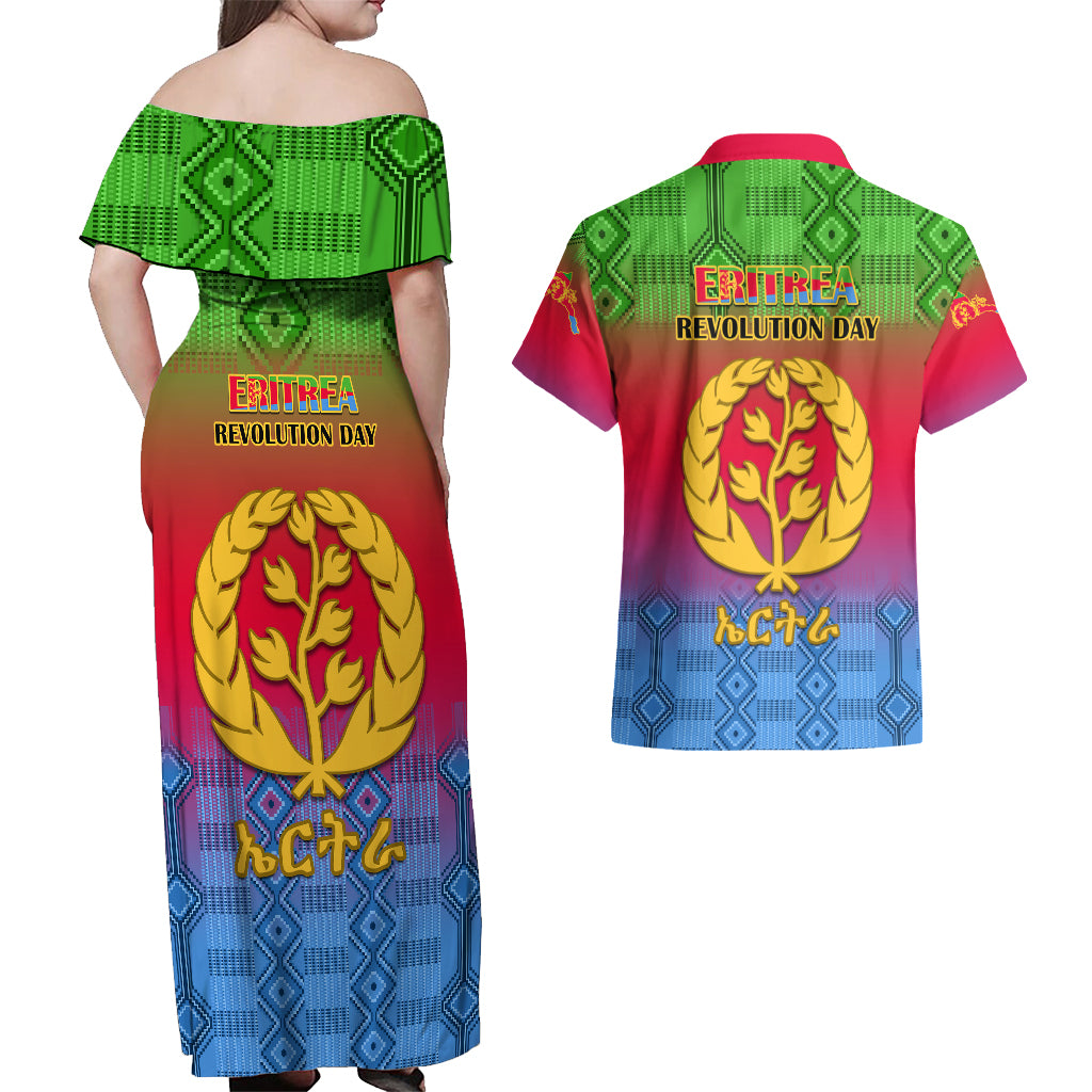 Eritrea Revolution Day Couples Matching Off Shoulder Maxi Dress and Hawaiian Shirt Eritrean Kente Pattern Gradient Style - Wonder Print Shop