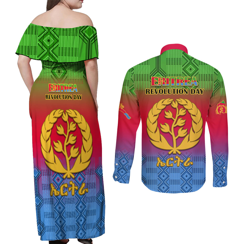 Eritrea Revolution Day Couples Matching Off Shoulder Maxi Dress and Long Sleeve Button Shirts Eritrean Kente Pattern Gradient Style - Wonder Print Shop