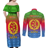 Eritrea Revolution Day Couples Matching Off Shoulder Maxi Dress and Long Sleeve Button Shirts Eritrean Kente Pattern Gradient Style - Wonder Print Shop