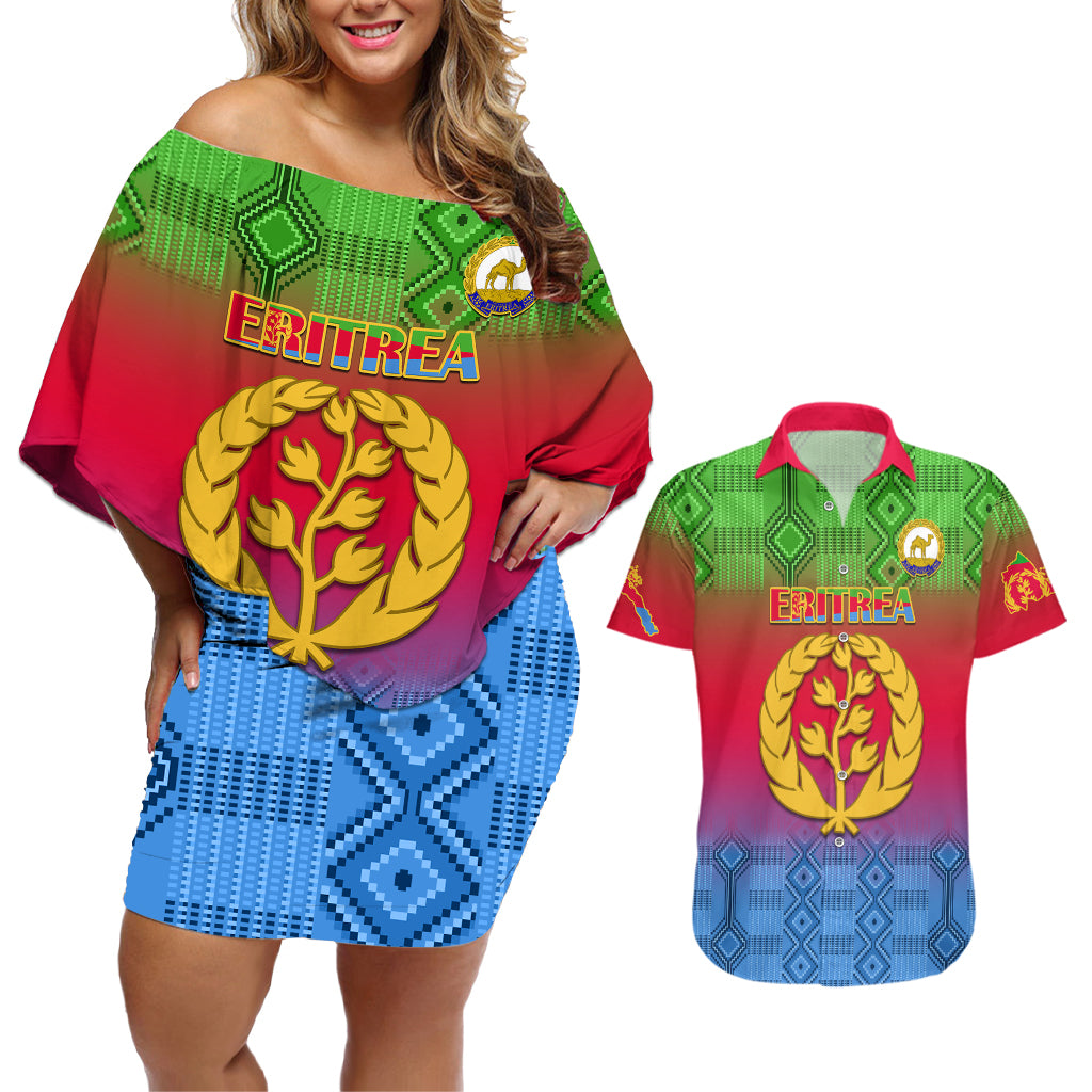 Eritrea Revolution Day Couples Matching Off Shoulder Short Dress and Hawaiian Shirt Eritrean Kente Pattern Gradient Style - Wonder Print Shop