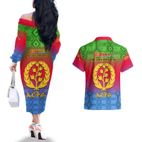 Eritrea Revolution Day Couples Matching Off The Shoulder Long Sleeve Dress and Hawaiian Shirt Eritrean Kente Pattern Gradient Style - Wonder Print Shop