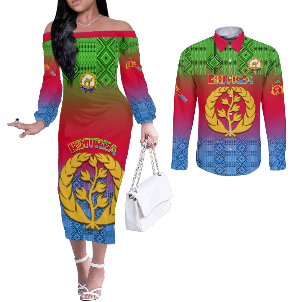 eritrea-revolution-day-couples-matching-off-the-shoulder-long-sleeve-dress-and-long-sleeve-button-shirts-eritean-kente-pattern-gradient-style