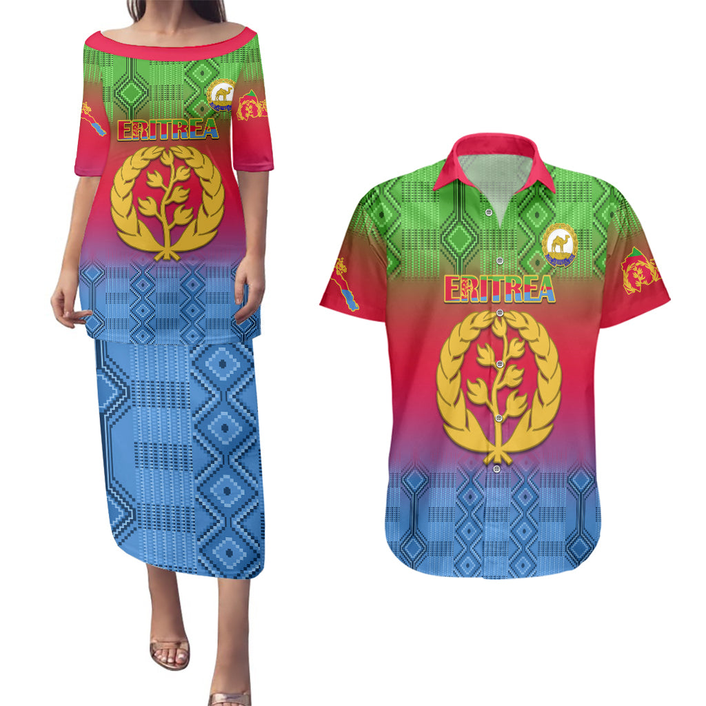 Eritrea Revolution Day Couples Matching Puletasi Dress and Hawaiian Shirt Eritrean Kente Pattern Gradient Style - Wonder Print Shop