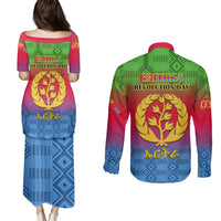 Eritrea Revolution Day Couples Matching Puletasi Dress and Long Sleeve Button Shirts Eritrean Kente Pattern Gradient Style - Wonder Print Shop