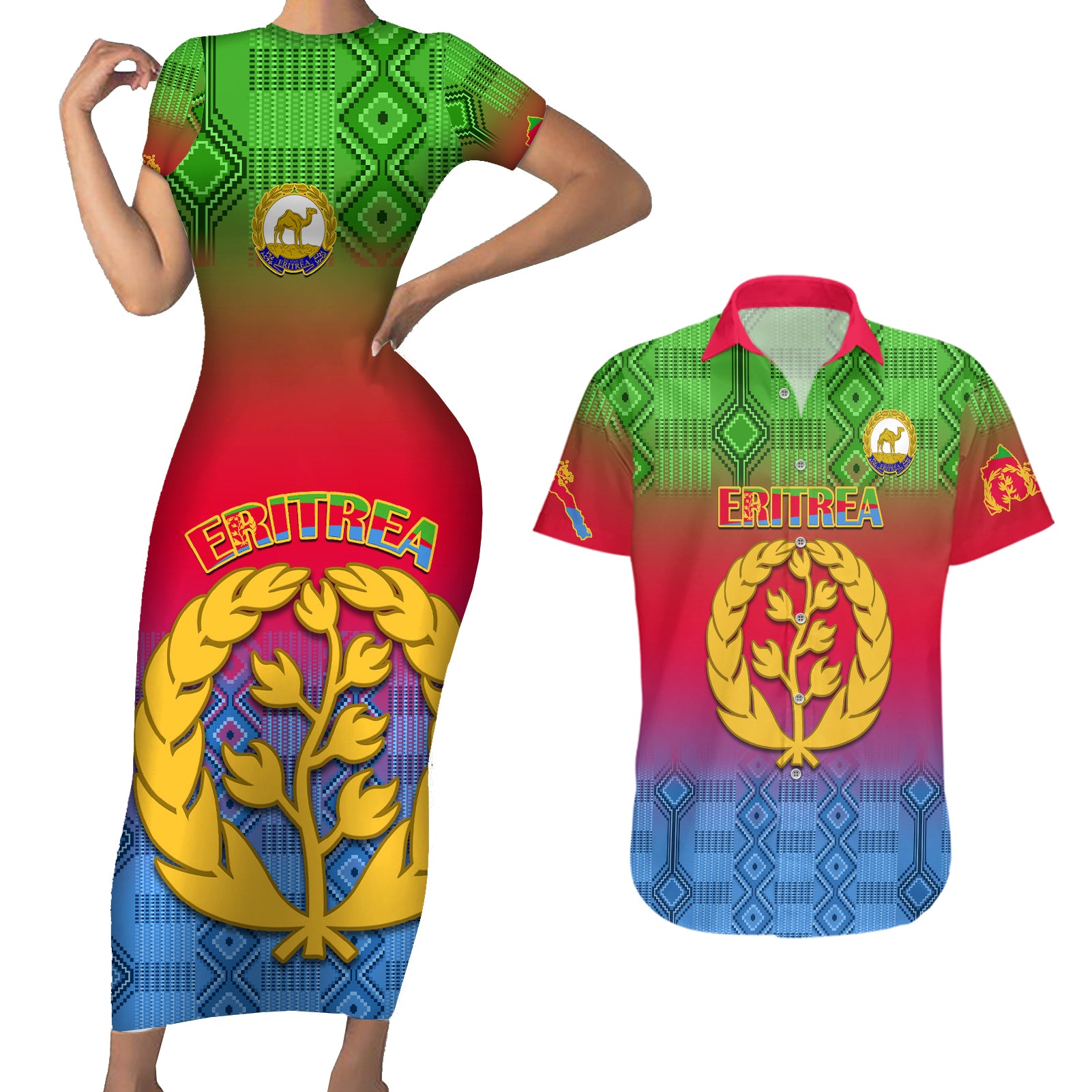 eritrea-revolution-day-couples-matching-short-sleeve-bodycon-dress-and-hawaiian-shirt-eritean-kente-pattern-gradient-style