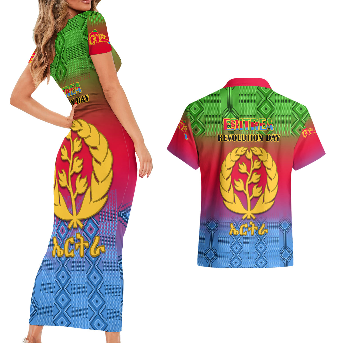 Eritrea Revolution Day Couples Matching Short Sleeve Bodycon Dress and Hawaiian Shirt Eritrean Kente Pattern Gradient Style - Wonder Print Shop