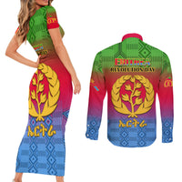 Eritrea Revolution Day Couples Matching Short Sleeve Bodycon Dress and Long Sleeve Button Shirts Eritrean Kente Pattern Gradient Style - Wonder Print Shop