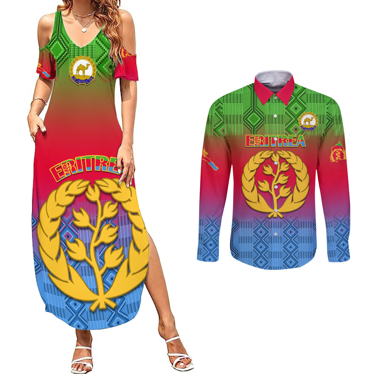 Eritrea Revolution Day Couples Matching Summer Maxi Dress and Long Sleeve Button Shirts Eritrean Kente Pattern Gradient Style - Wonder Print Shop