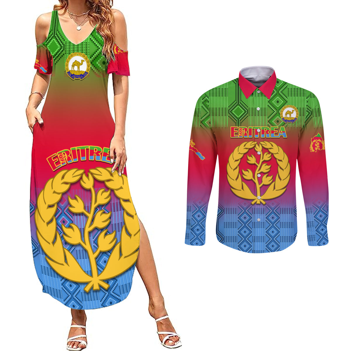 eritrea-revolution-day-couples-matching-summer-maxi-dress-and-long-sleeve-button-shirts-eritean-kente-pattern-gradient-style