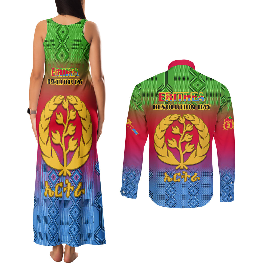 Eritrea Revolution Day Couples Matching Tank Maxi Dress and Long Sleeve Button Shirts Eritrean Kente Pattern Gradient Style - Wonder Print Shop