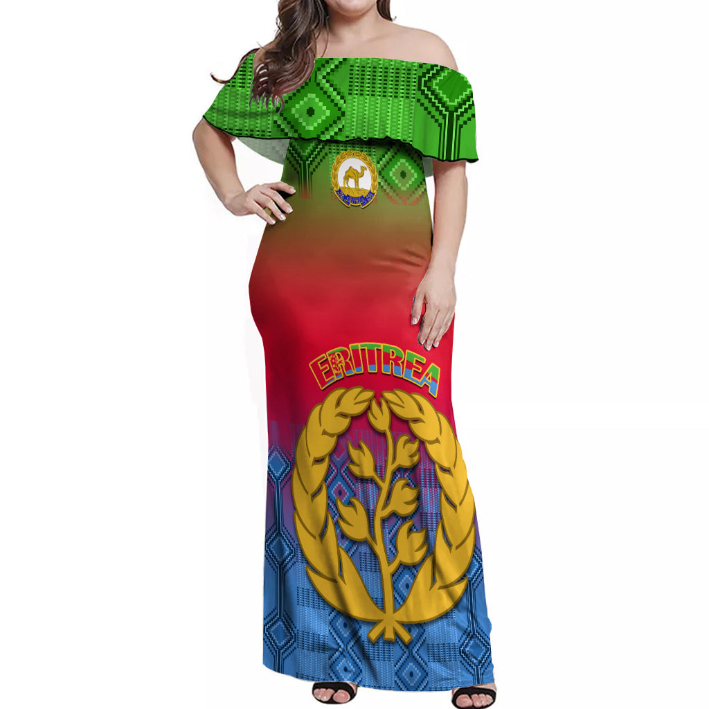 Eritrea Revolution Day Off Shoulder Maxi Dress Eritrean Kente Pattern Gradient Style - Wonder Print Shop