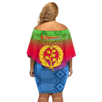 Eritrea Revolution Day Off Shoulder Short Dress Eritrean Kente Pattern Gradient Style - Wonder Print Shop