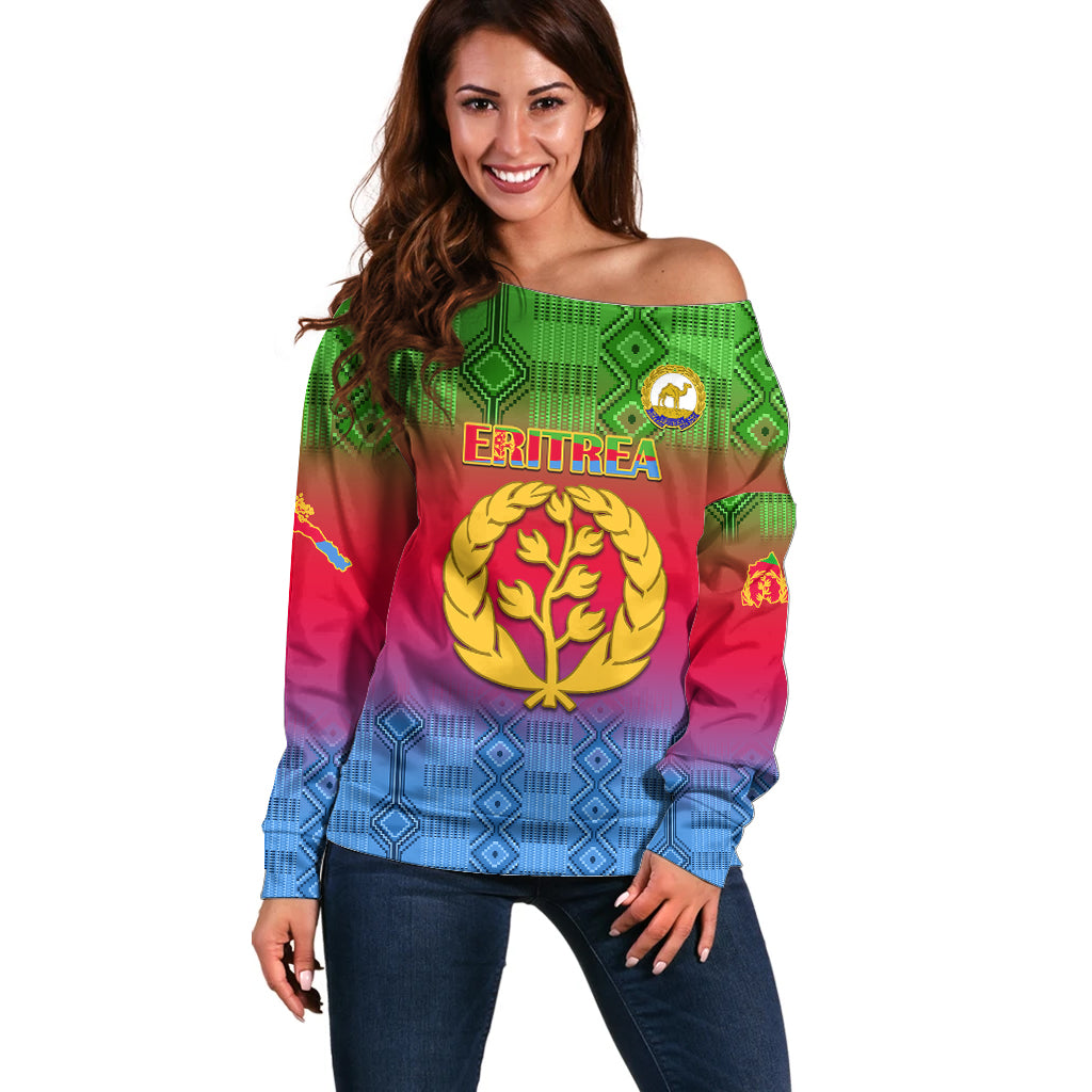 Eritrea Revolution Day Off Shoulder Sweater Eritrean Kente Pattern Gradient Style - Wonder Print Shop