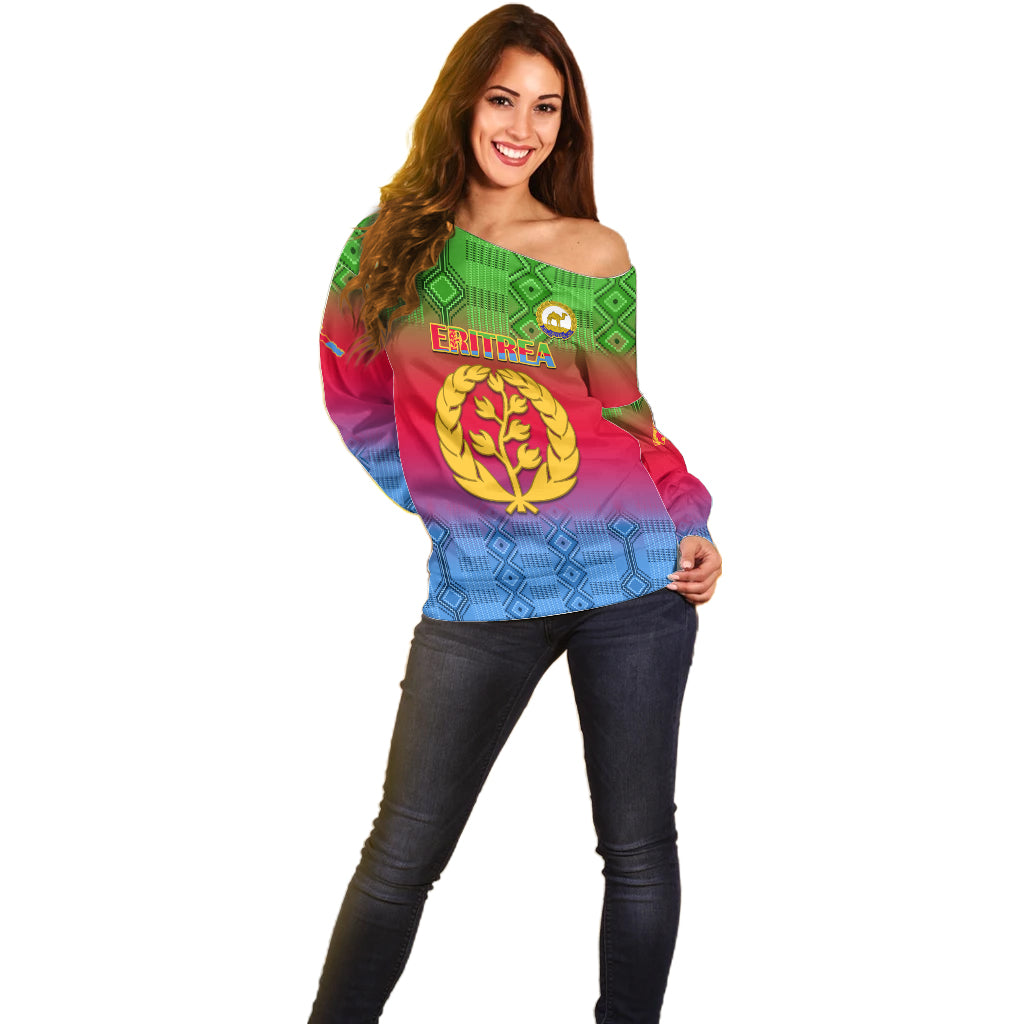 Eritrea Revolution Day Off Shoulder Sweater Eritrean Kente Pattern Gradient Style - Wonder Print Shop