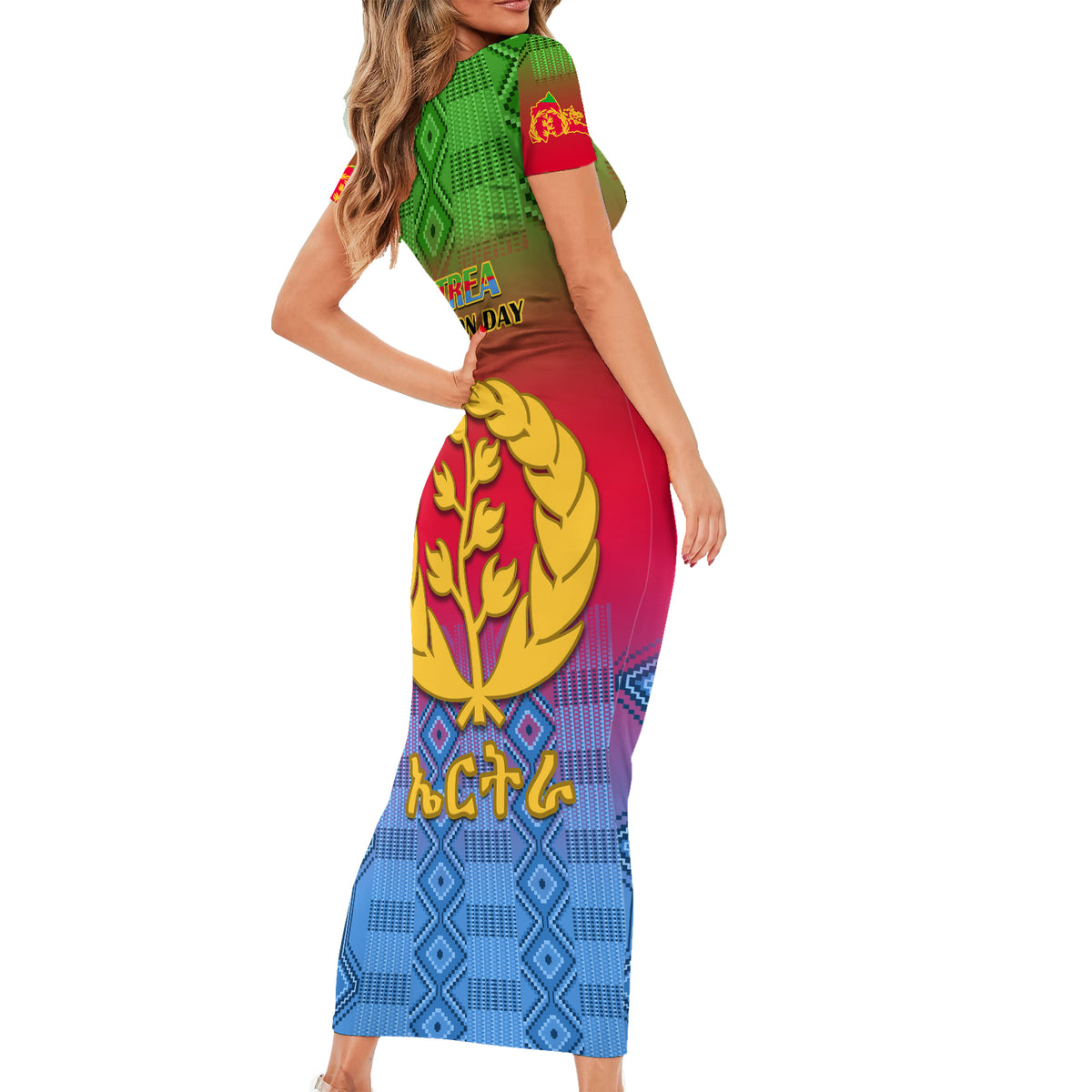 Eritrea Revolution Day Short Sleeve Bodycon Dress Eritrean Kente Pattern Gradient Style - Wonder Print Shop