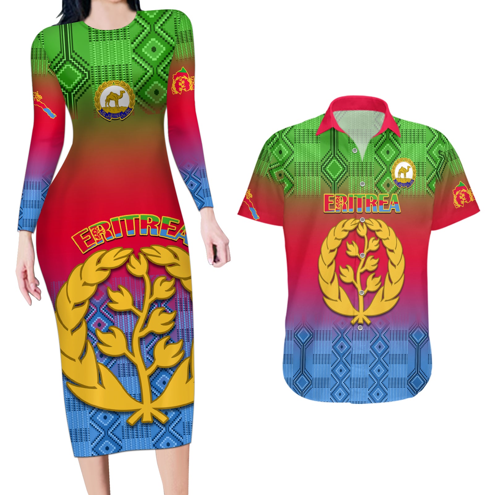 personalised-eritrea-revolution-day-couples-matching-long-sleeve-bodycon-dress-and-hawaiian-shirt-eritean-kente-pattern-gradient-style