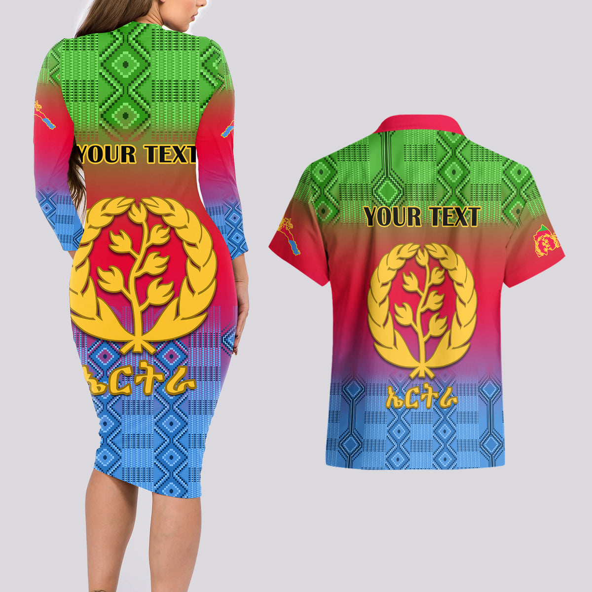 Personalised Eritrea Revolution Day Couples Matching Long Sleeve Bodycon Dress and Hawaiian Shirt Eritrean Kente Pattern Gradient Style - Wonder Print Shop