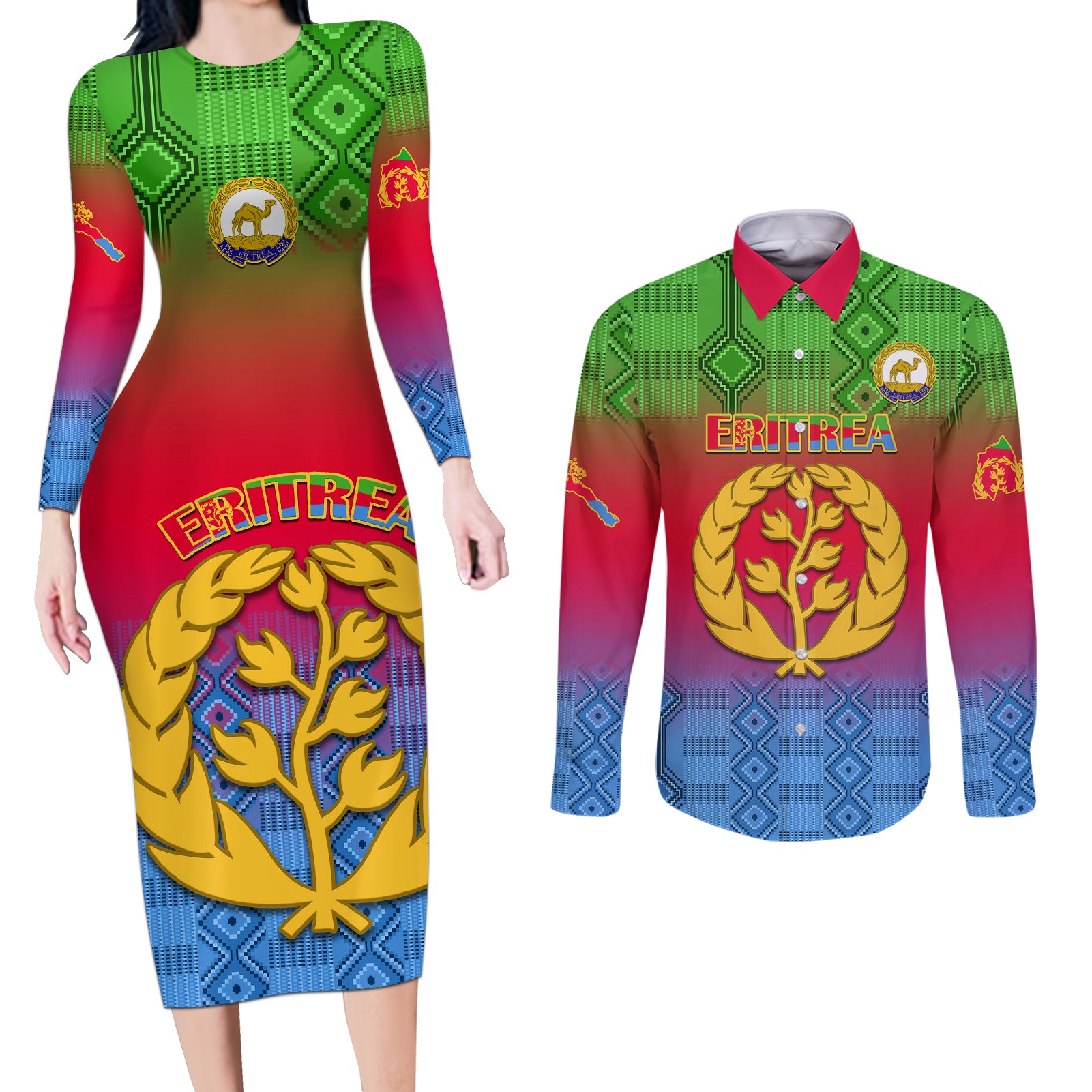 personalised-eritrea-revolution-day-couples-matching-long-sleeve-bodycon-dress-and-long-sleeve-button-shirts-eritean-kente-pattern-gradient-style