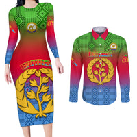 Personalised Eritrea Revolution Day Couples Matching Long Sleeve Bodycon Dress and Long Sleeve Button Shirts Eritrean Kente Pattern Gradient Style - Wonder Print Shop