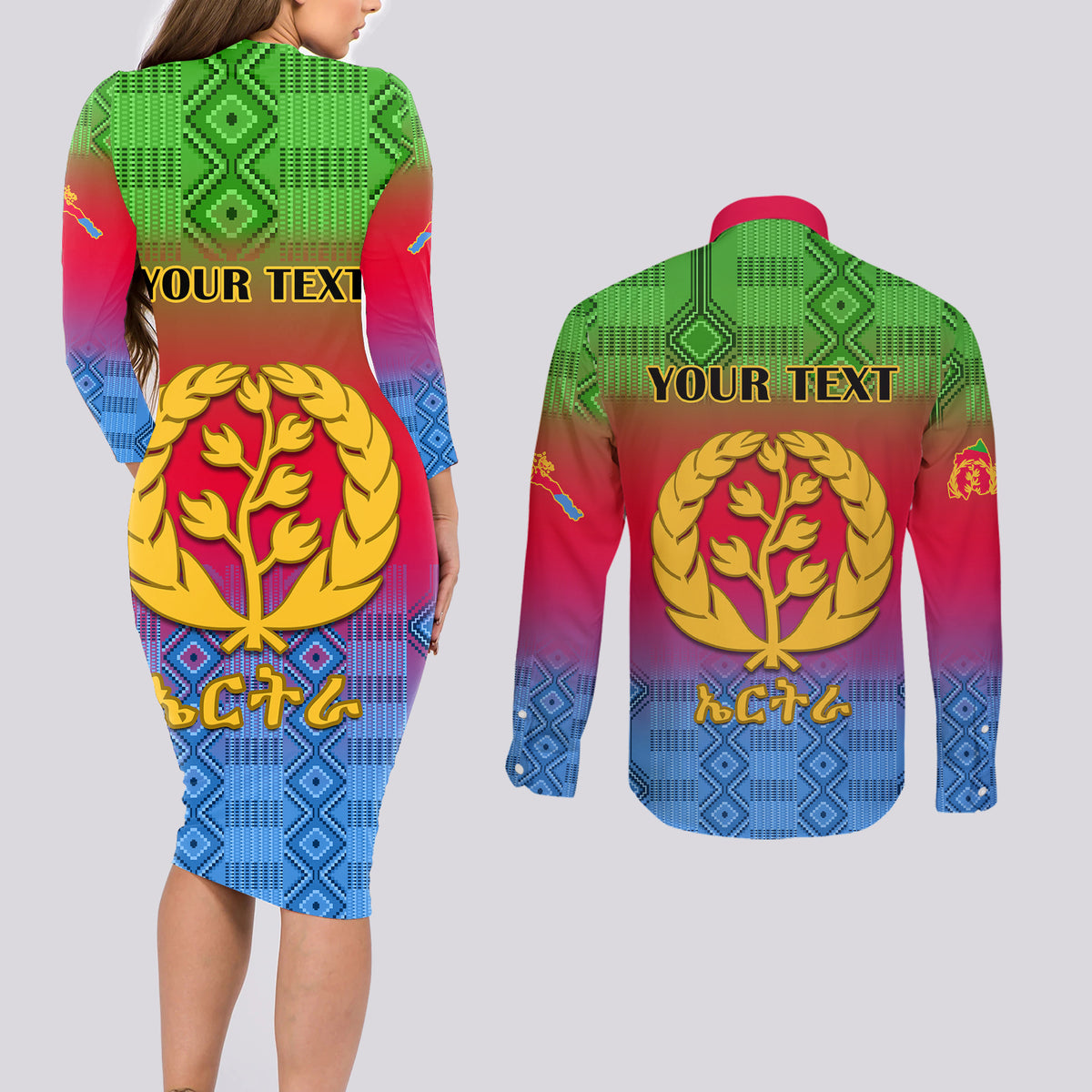 Personalised Eritrea Revolution Day Couples Matching Long Sleeve Bodycon Dress and Long Sleeve Button Shirts Eritrean Kente Pattern Gradient Style - Wonder Print Shop