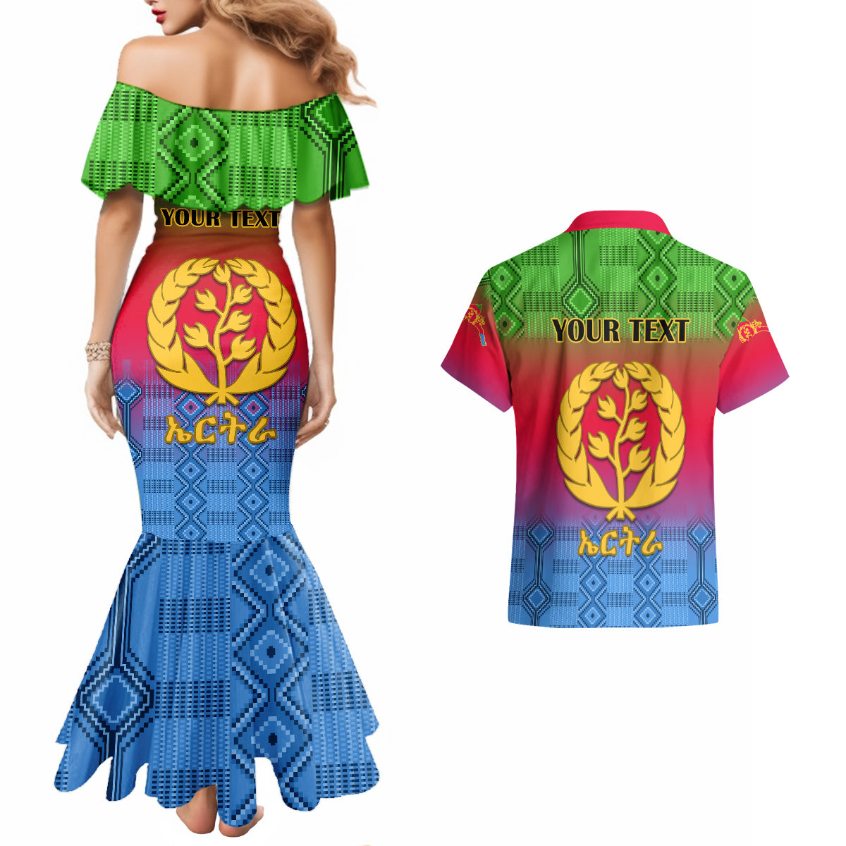 Personalised Eritrea Revolution Day Couples Matching Mermaid Dress and Hawaiian Shirt Eritrean Kente Pattern Gradient Style - Wonder Print Shop