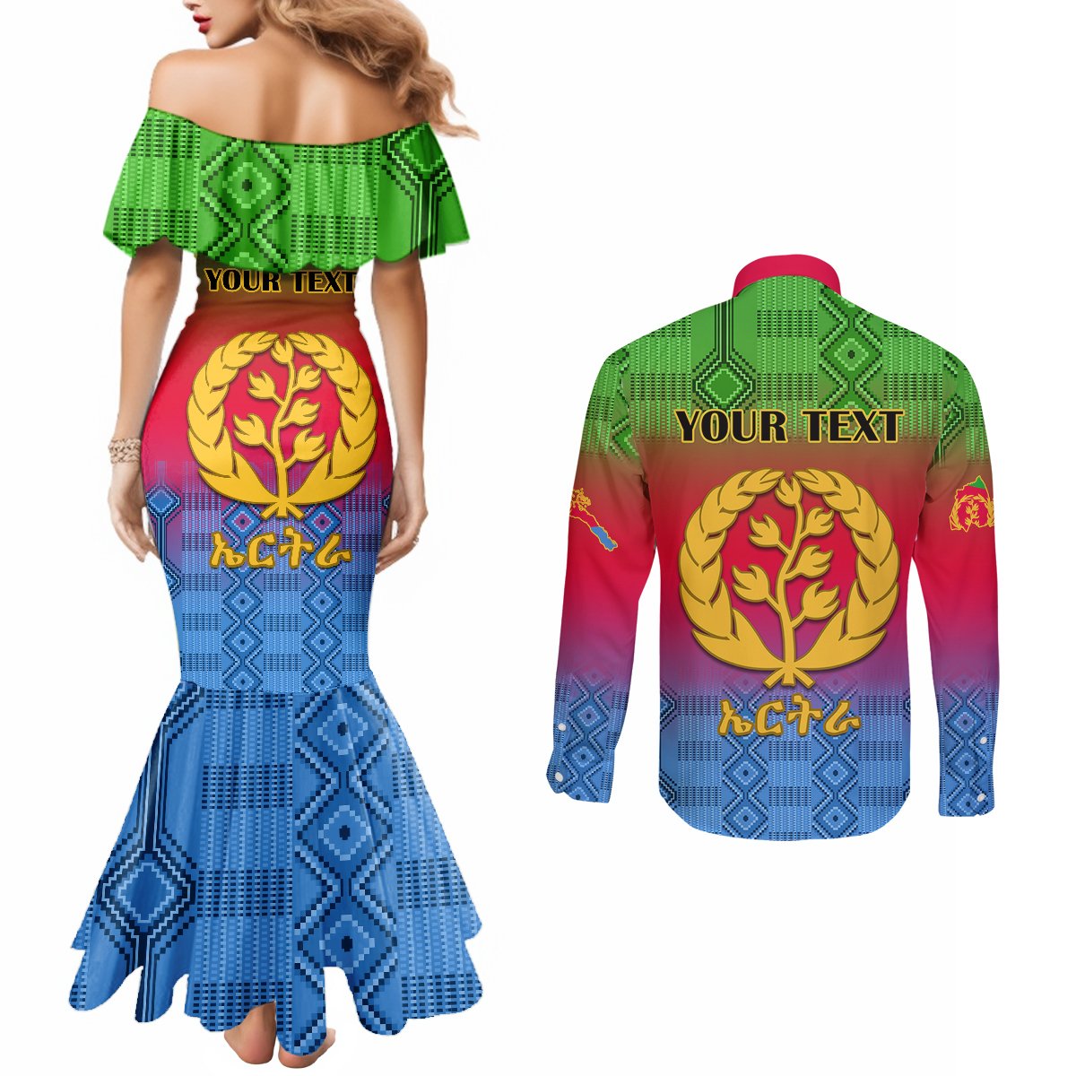 personalised-eritrea-revolution-day-couples-matching-mermaid-dress-and-long-sleeve-button-shirts-eritean-kente-pattern-gradient-style