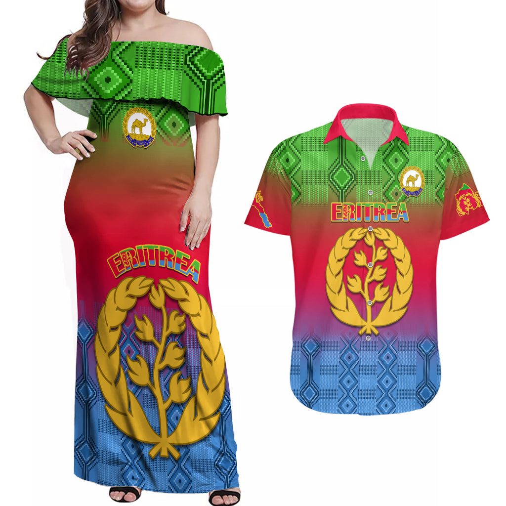 personalised-eritrea-revolution-day-couples-matching-off-shoulder-maxi-dress-and-hawaiian-shirt-eritean-kente-pattern-gradient-style