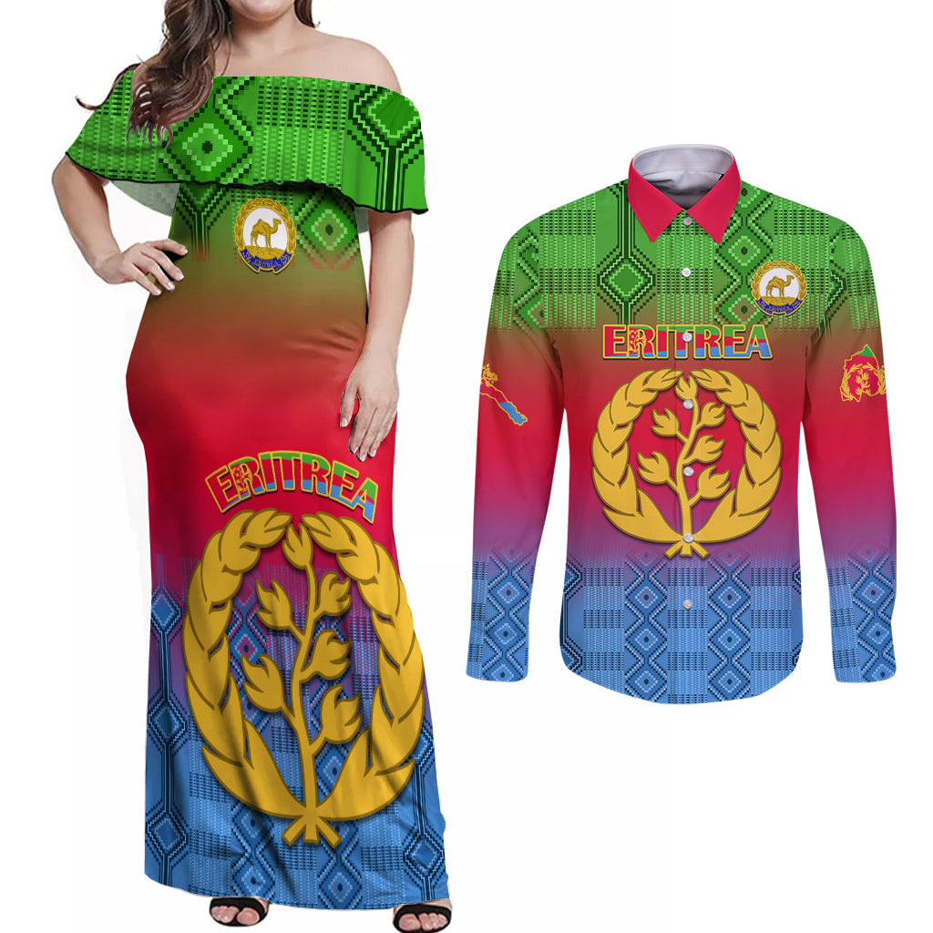 personalised-eritrea-revolution-day-couples-matching-off-shoulder-maxi-dress-and-long-sleeve-button-shirts-eritean-kente-pattern-gradient-style