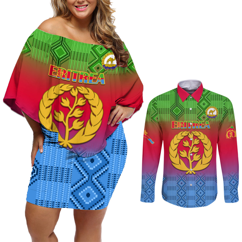 personalised-eritrea-revolution-day-couples-matching-off-shoulder-short-dress-and-long-sleeve-button-shirts-eritean-kente-pattern-gradient-style