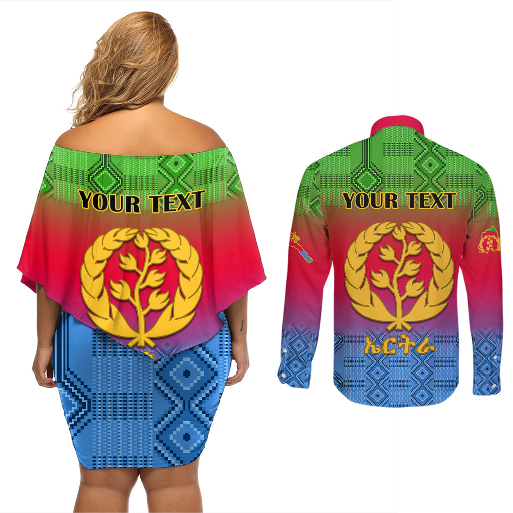 Personalised Eritrea Revolution Day Couples Matching Off Shoulder Short Dress and Long Sleeve Button Shirts Eritrean Kente Pattern Gradient Style - Wonder Print Shop