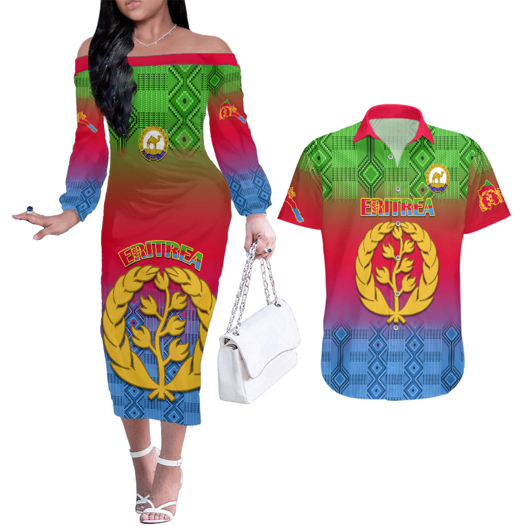 personalised-eritrea-revolution-day-couples-matching-off-the-shoulder-long-sleeve-dress-and-hawaiian-shirt-eritean-kente-pattern-gradient-style