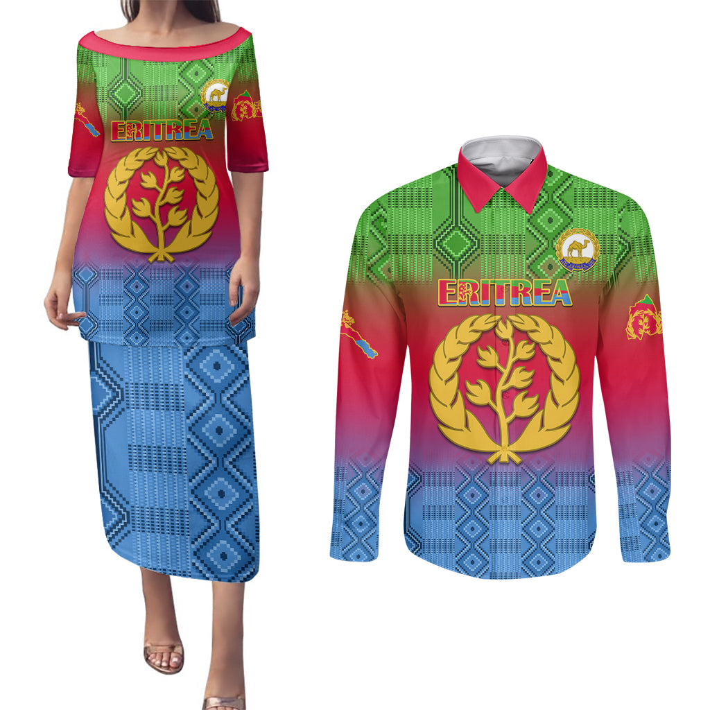 personalised-eritrea-revolution-day-couples-matching-puletasi-dress-and-long-sleeve-button-shirts-eritean-kente-pattern-gradient-style