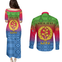 Personalised Eritrea Revolution Day Couples Matching Puletasi Dress and Long Sleeve Button Shirts Eritrean Kente Pattern Gradient Style - Wonder Print Shop