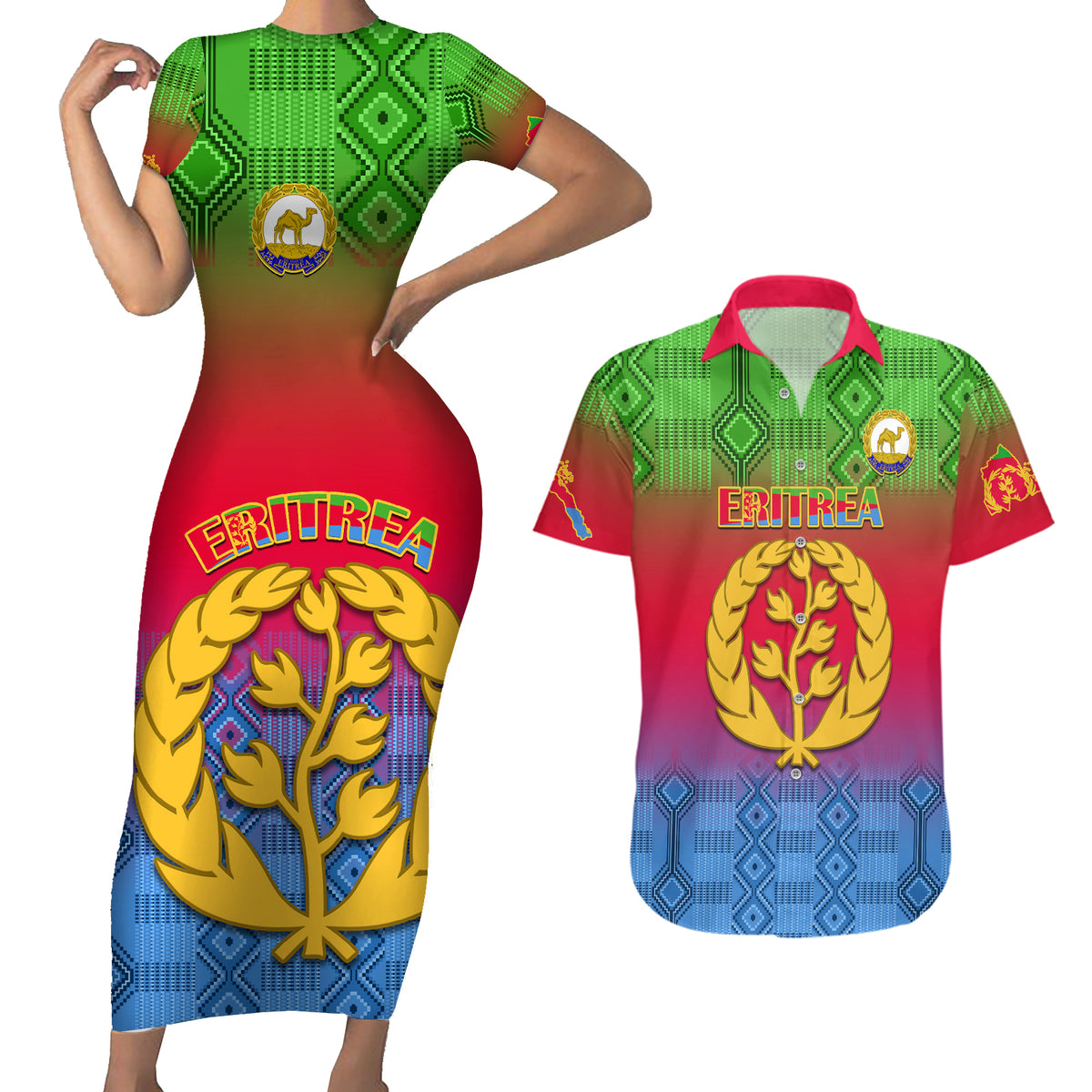 Personalised Eritrea Revolution Day Couples Matching Short Sleeve Bodycon Dress and Hawaiian Shirt Eritrean Kente Pattern Gradient Style - Wonder Print Shop