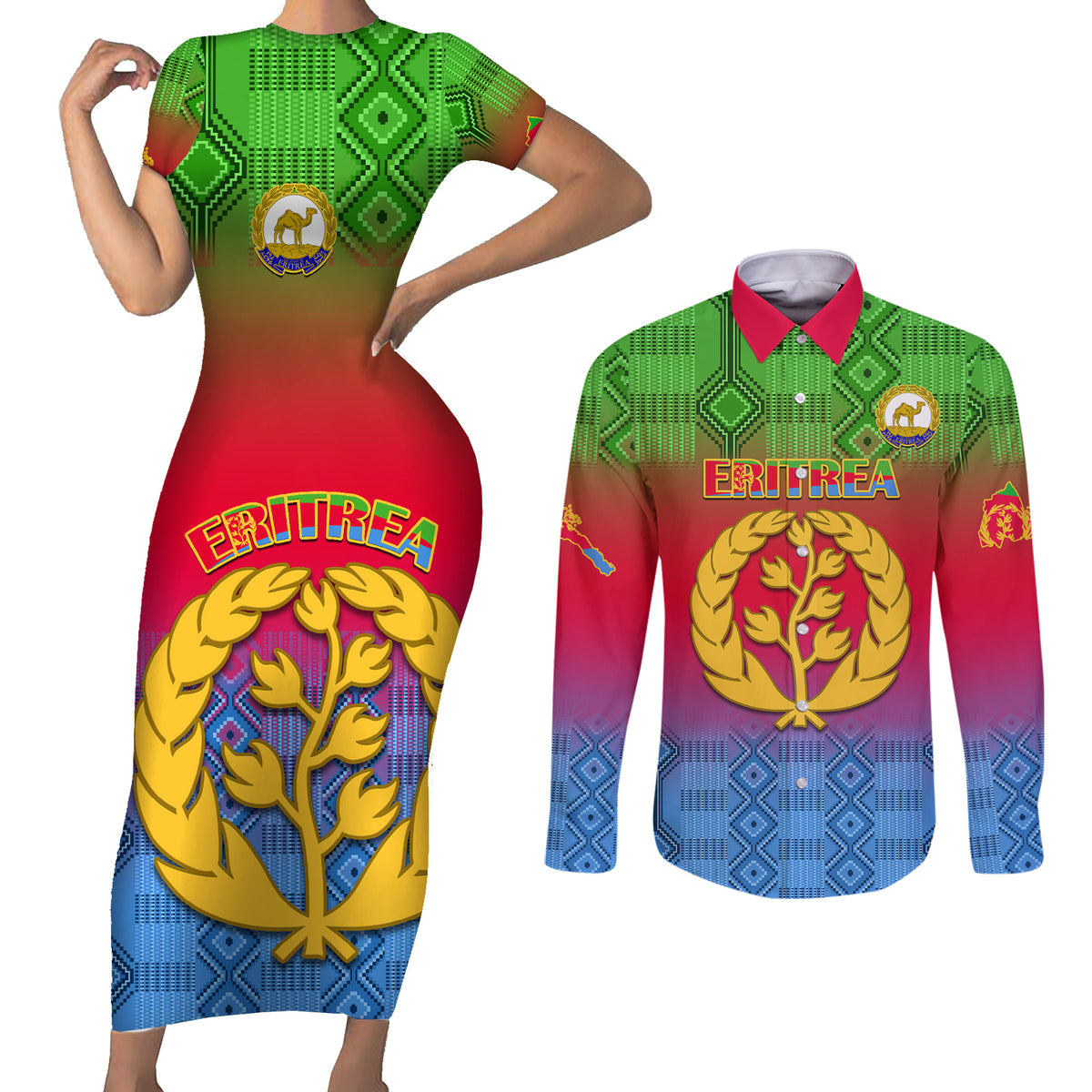 Personalised Eritrea Revolution Day Couples Matching Short Sleeve Bodycon Dress and Long Sleeve Button Shirts Eritrean Kente Pattern Gradient Style - Wonder Print Shop