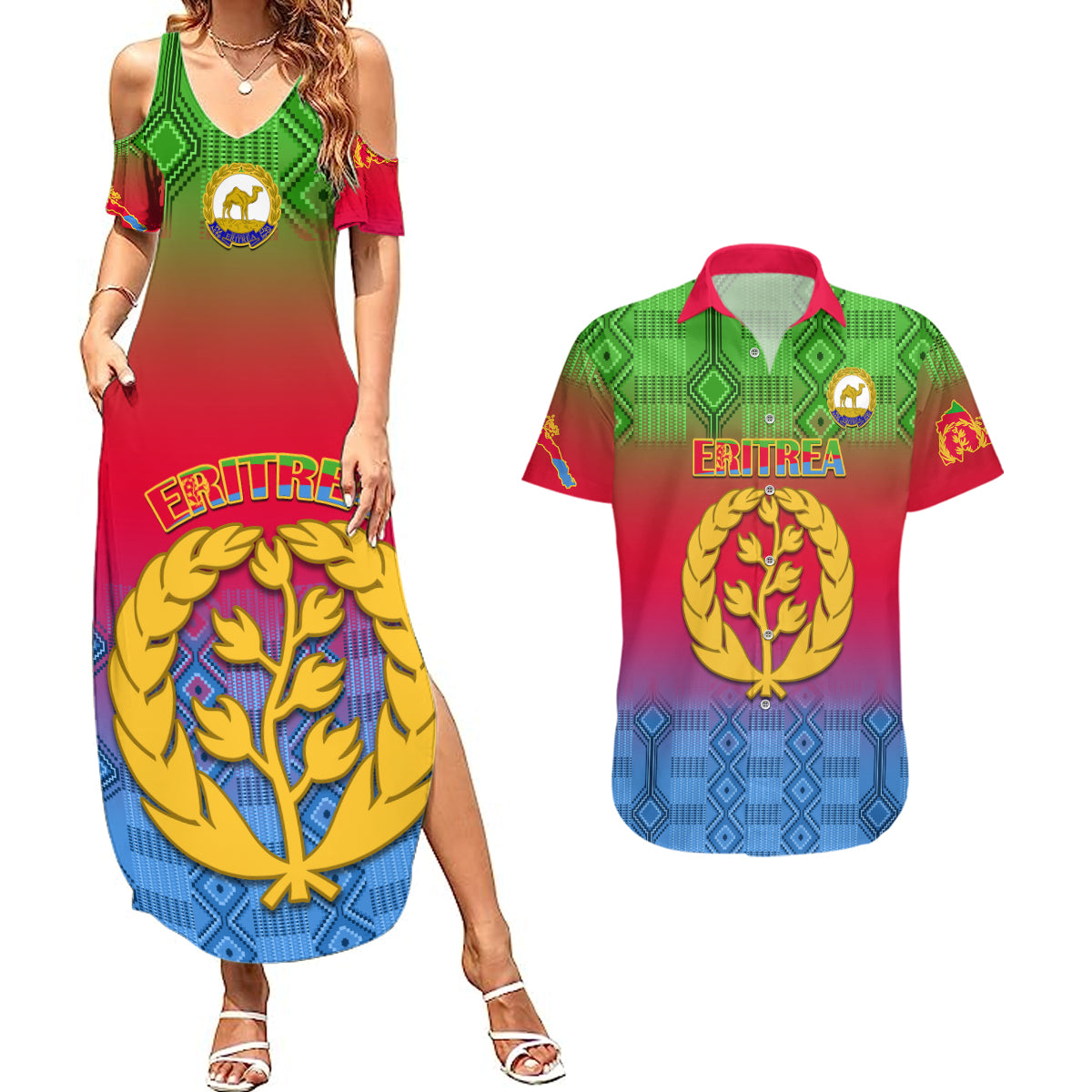 personalised-eritrea-revolution-day-couples-matching-summer-maxi-dress-and-hawaiian-shirt-eritean-kente-pattern-gradient-style