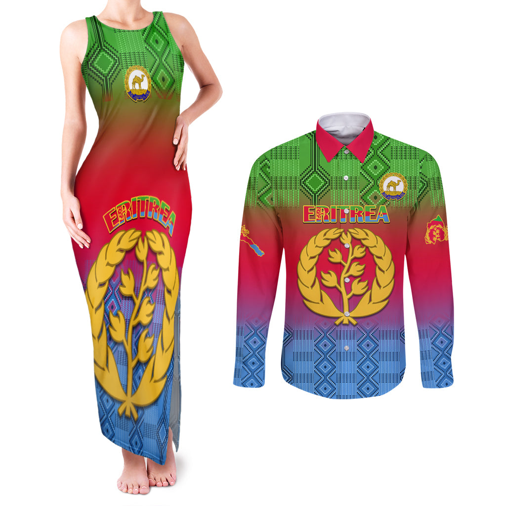 personalised-eritrea-revolution-day-couples-matching-tank-maxi-dress-and-long-sleeve-button-shirts-eritean-kente-pattern-gradient-style