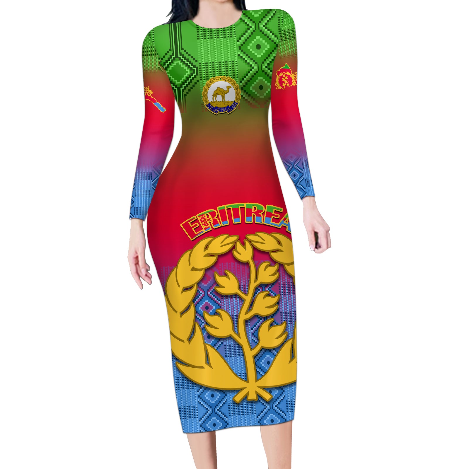 personalised-eritrea-revolution-day-long-sleeve-bodycon-dress-eritean-kente-pattern-gradient-style