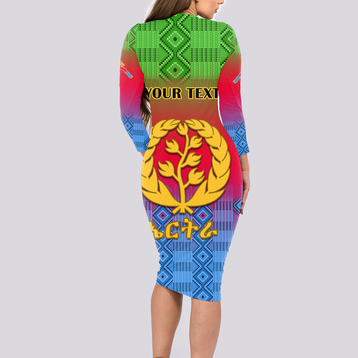 Personalised Eritrea Revolution Day Long Sleeve Bodycon Dress Eritrean Kente Pattern Gradient Style - Wonder Print Shop