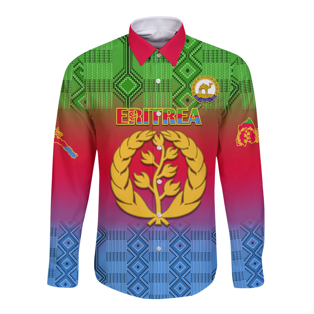Personalised Eritrea Revolution Day Long Sleeve Button Shirt Eritrean Kente Pattern Gradient Style - Wonder Print Shop