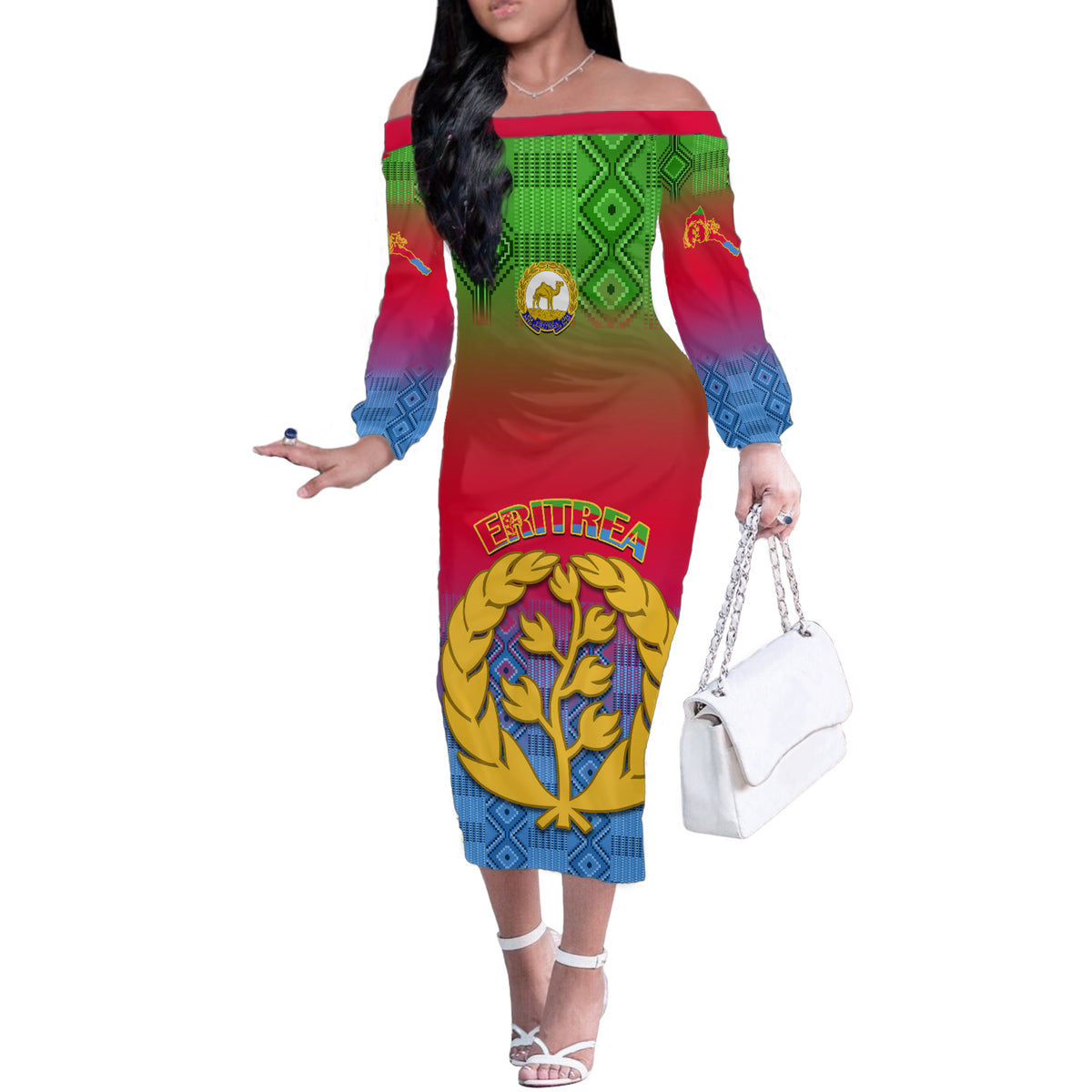 Personalised Eritrea Revolution Day Off The Shoulder Long Sleeve Dress Eritrean Kente Pattern Gradient Style - Wonder Print Shop