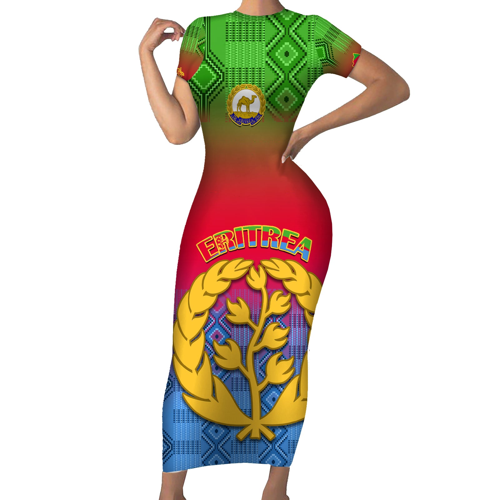 Personalised Eritrea Revolution Day Short Sleeve Bodycon Dress Eritrean Kente Pattern Gradient Style - Wonder Print Shop