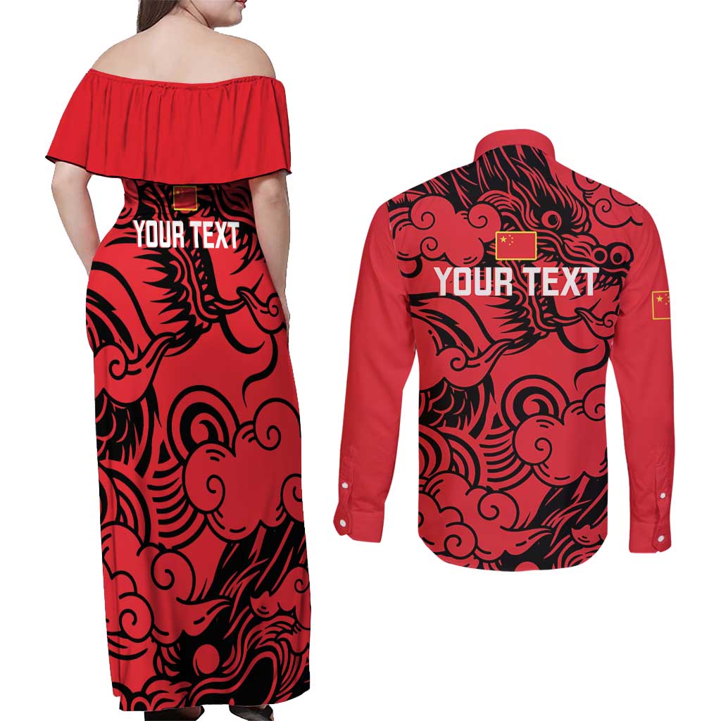 Personalised China Badminton Couples Matching Off Shoulder Maxi Dress and Long Sleeve Button Shirt 2024 Chinese Dragon Version - Wonder Print Shop