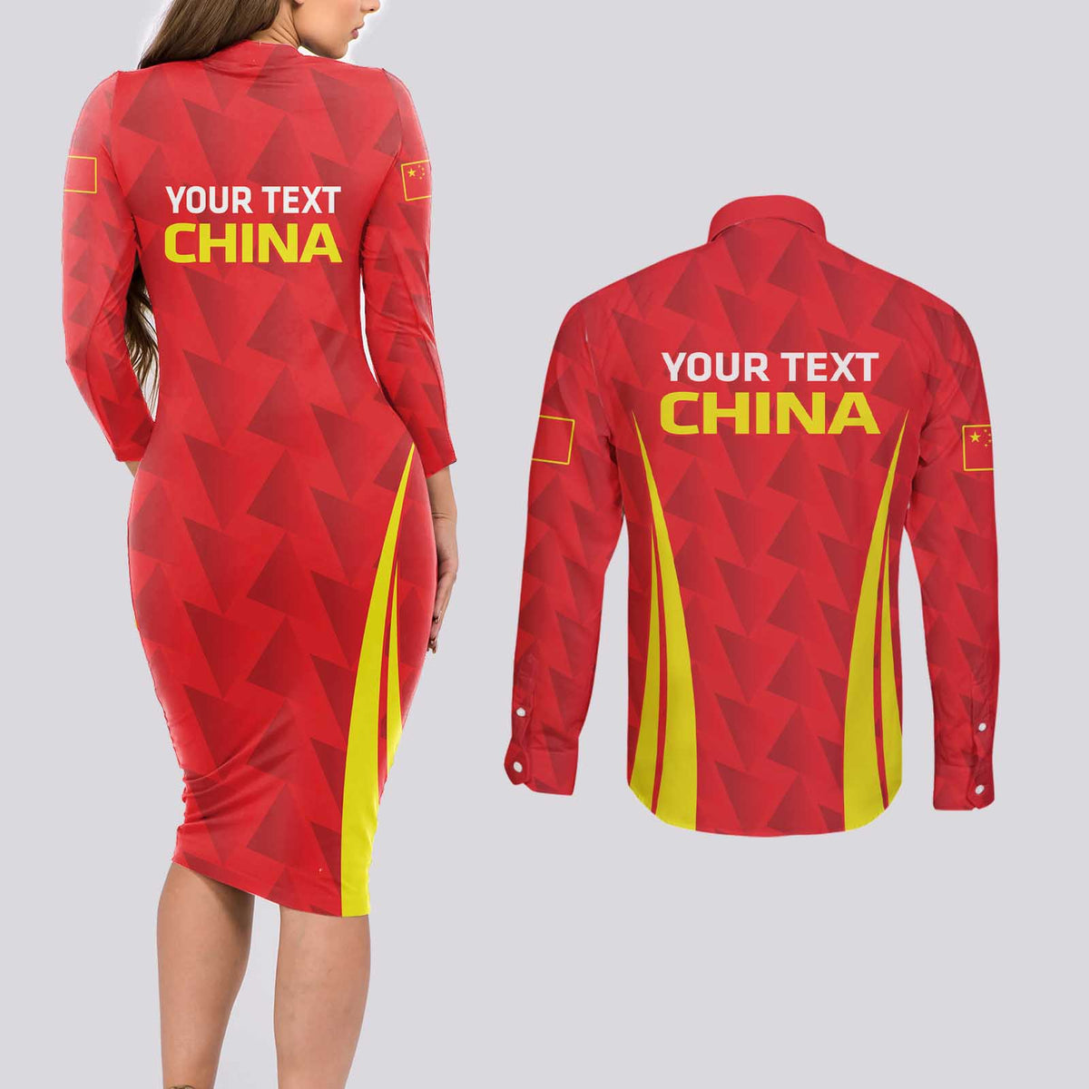 Personalised China Badminton Couples Matching Long Sleeve Bodycon Dress and Long Sleeve Button Shirt 2024 Sporty Red Version - Wonder Print Shop